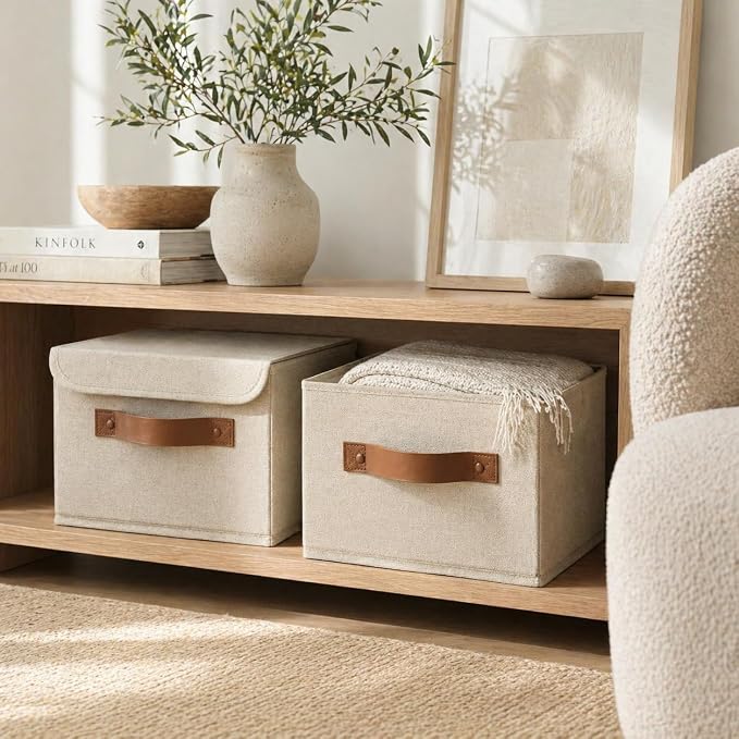 Decorative Linen Storage Boxes with Lids - Spacious Set of 2 Organizer Bins | The Perfect Small Container for Home Decor - Safely Store Photos, Documents and Memory Box Keepsakes in Style - Image 9