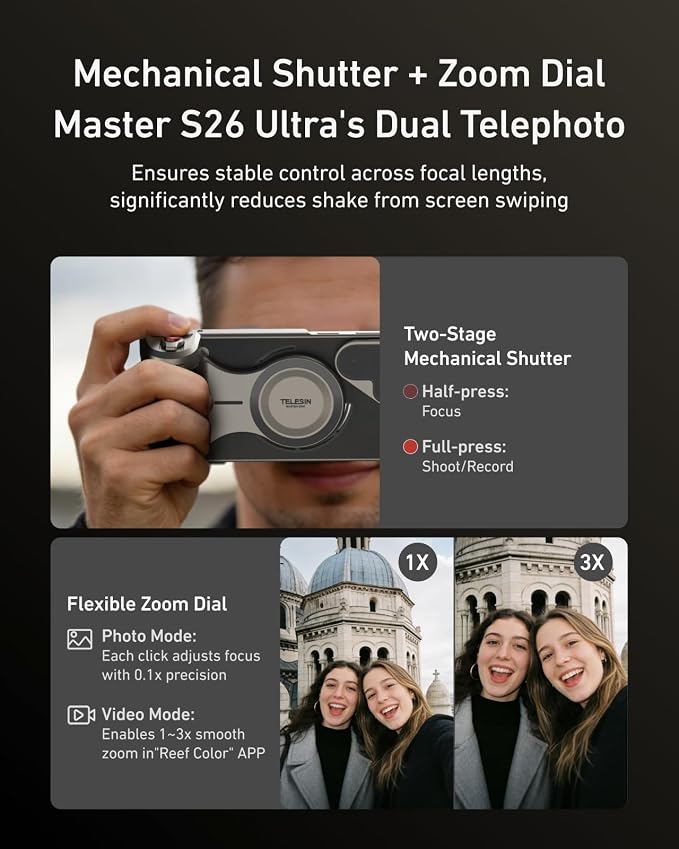 TELESIN Phone Camera Master Grip Kit for Samsung Galaxy S26 Ultra | with 10X Flash 2in1/ND16 Filter/Phone Case,Magnetic Wireless Charging for S26 Ultra, AI Filters DSLR Style Grip Handle Holder - Image 7