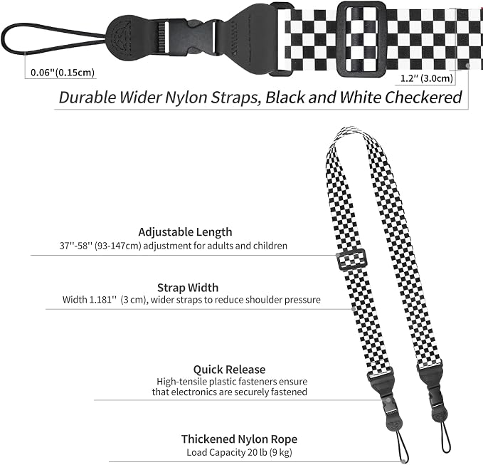 FIEIL Nylon iPad Strap, Adjustable Camera Neck Strap, Comfortable Shoulder Strap for iPad, Cellphone Tablet, Camera, Laptop, Binocular, Luggage Bag (Black and White Checkered Universal Neck Lanyard) - Image 6