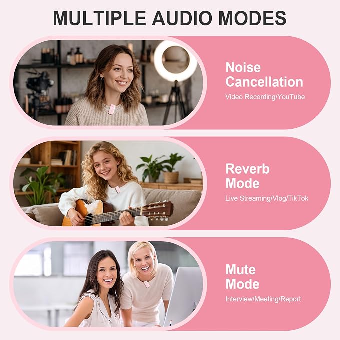 EX Wireless Lavalier Microphone System, Dual Clip-On Mics + Charging Case, 164ft Range Plug-and-Play for iPhone/Android, Advanced Noise Reduction, 48H Runtime-Video Recording, TikTok, YouTube, Pink - Image 7