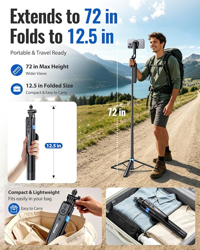 UBeesize 72” Auto Face Tracking Tripod for iPhone, MagSafe Selfie Stick with Remote, 360° Magnetic Phone Stand with Gesture Control for TikTok, Live Stream & Vlogging - Image 7