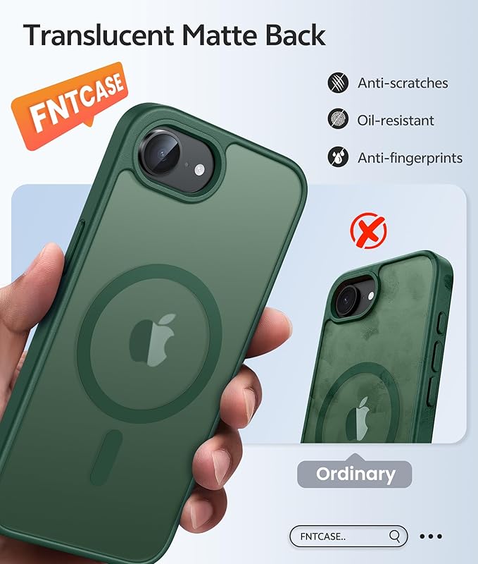 FNTCASE for iPhone 17e/ iPhone 16e Case, Fit for Magsafe, Screen Protector | Translucent Matte Magnetic Back, 14FT Military Grade Drop Protection, Shockproof Protective Phone Cover, Green - Image 6