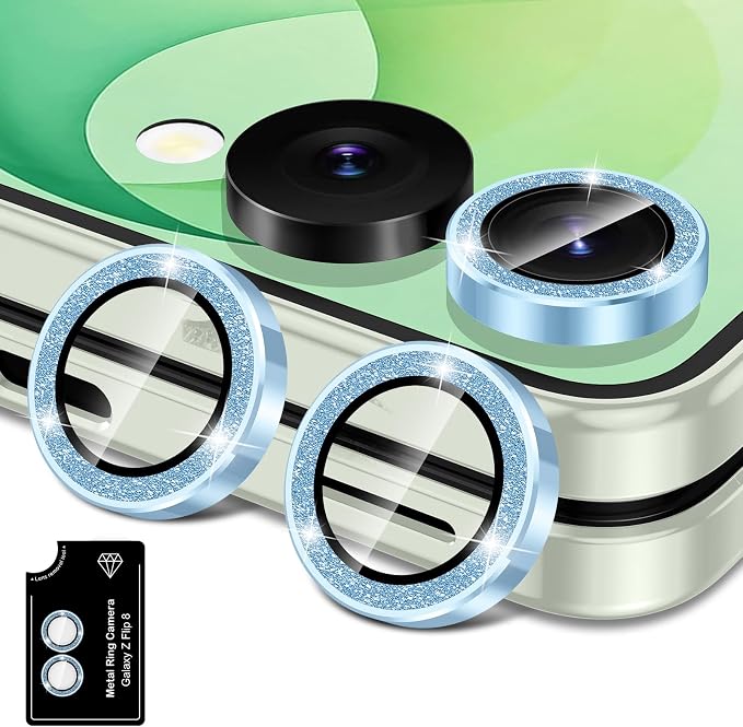 for Samsung Galaxy Z Flip 8 Camera Lens Protector, Individual Metal Ring Tempered Glass Lens Cover, [Strong Adsorption] Scratch Resistant Ultra-Thin HD Clear Lens Cover, 1 Set-Blue Sparkly by Btscase