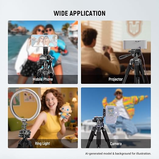 NEEWER BASICS Camera Tripod, 71'' Tripod with Cell Phone Holder Mount Compatible with iPhone for Video Recording, Professional Aluminum Lightweight Portable Travel Stand with 3 Way Pan Tilt Head, TP55 - Image 7
