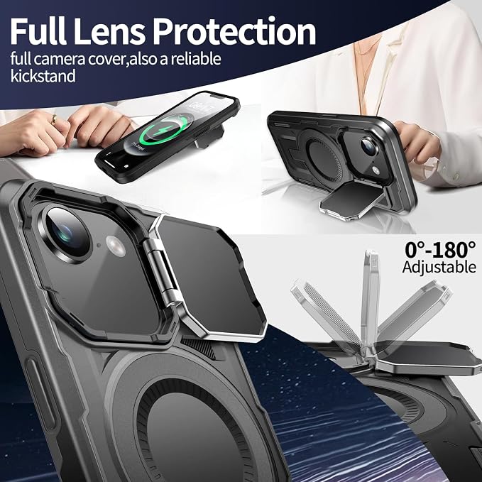 Camera Stand Case for iPhone 16E / 17E, [Compatible with Mag Safe] [Lens Cover] 2024 Version Military Grade Protective Soft Case for iPhone 16E / 17E 6.3 inch Men Women, Black - Image 3