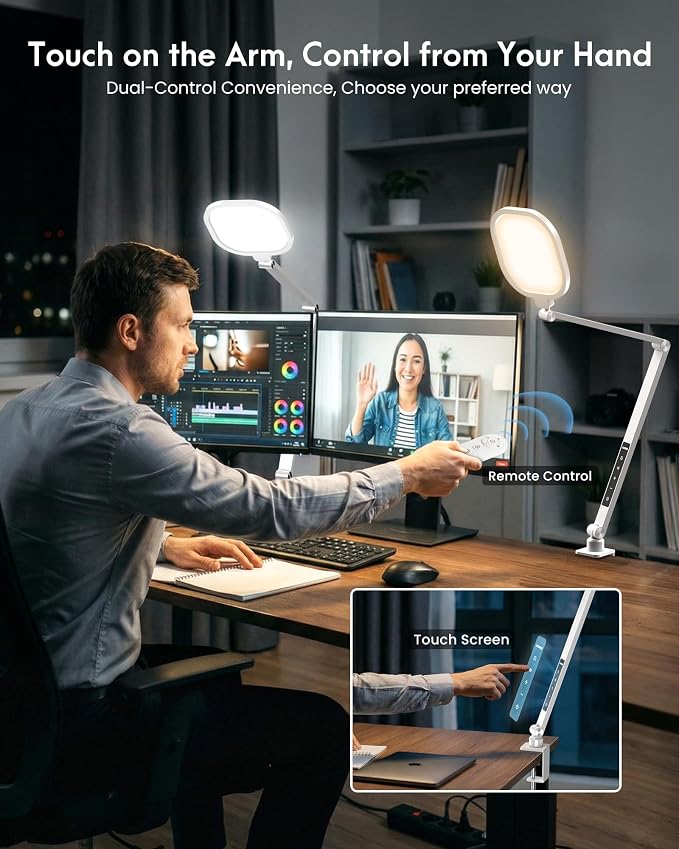 Video Conference Lighting for Computer, Zoom, Video Recording,White | 15W Desk Ring Light with C- Clamp, Swing Arm, Remote, Memory & Timer CRI 97.8, Video Lighting for Webcam,Streaming, Podcast - Image 5