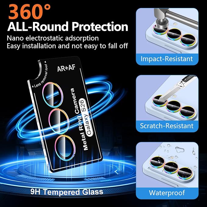 for Samsung Galaxy S26 Camera Lens Protector, Individual Metal Ring Tempered Glass Lens Cover, [Strong Adsorption] Scratch Resistant Ultra-Thin HD Clear Lens Cover, 1 Set-Colorful Ring - Image 2