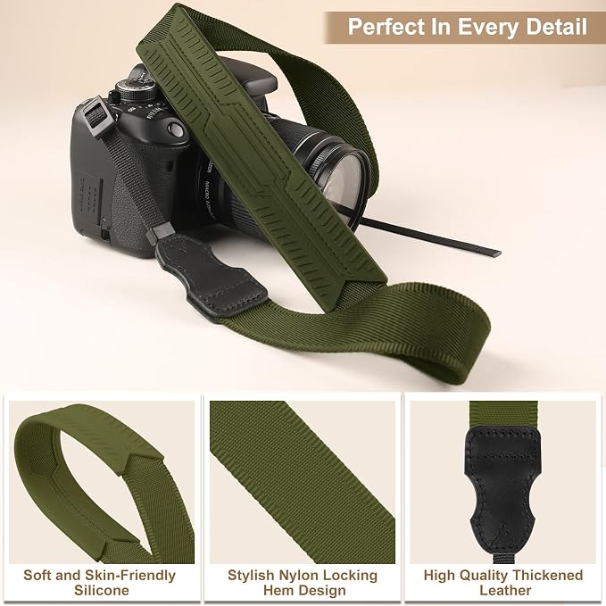 FIEIL Neck Strap Silicone Camera Straps - Padded Camera Strap, 1.5" Wide Adjustable Nylon Shoulder Strap - Compatible with Canon, Nikon, Sony, and More DSLR and Mirrorless (Army Green) - Image 5