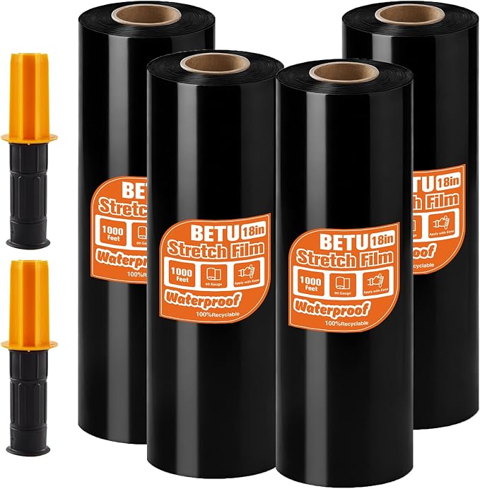 Black Stretch Film Shrink Wrap for Moving Supplies (18inch, 4 Pack) x 1000ft, Industrial Strength Plastic Wrap Stretch Roll for Pallet Wrapping Shipping Moving Boxes Storage Furniture with Handles by BETU