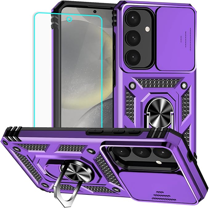 HNHYGETE for Samsung S25 Case with Screen Protector: [Military Grade 20ft. Drop Tested] Slide Camera Cover Ring Shockproof Protective Phone Case for - Samsung Galaxy S25 (Purple) by HNHYGETE
