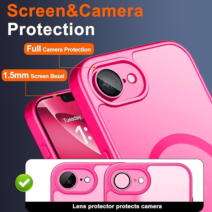 Magnetic for iPhone 17e Case & iPhone 16e Case, Hot Pink | Full Camera Protection, with Privacy Screen Protector, Compatible with MagSafe, Matte Shockproof Phone Cover for 17 e / 16 e - Image 5