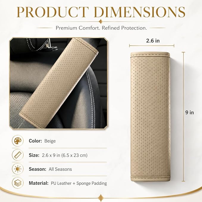 Beige Breathable PU Leather Seat Belt Covers - 2Pcs, Perforated Seat Belt Pads, Universal Fit for Car Truck SUV - Image 2