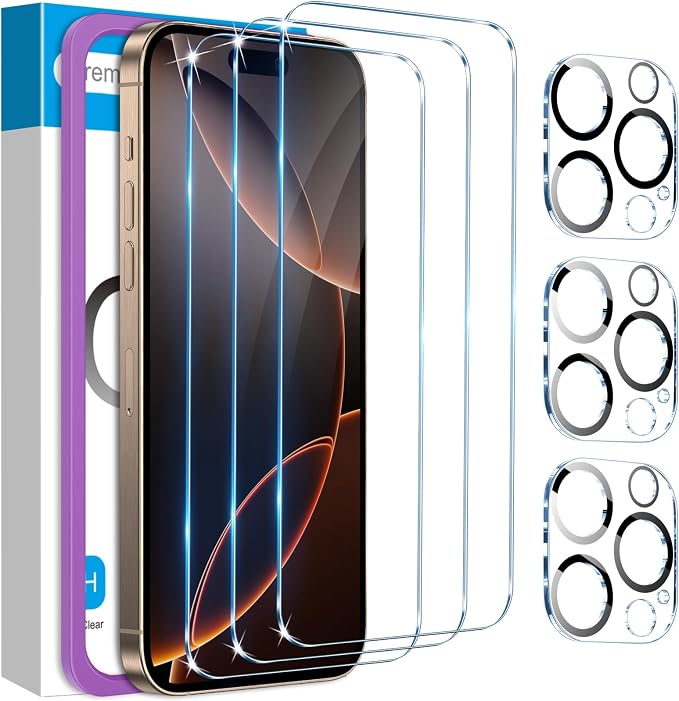 Fotbor for 3Pack iPhone 16 Pro Max Screen Protector with 3Pack Camera Lens Protector, 9H+ Tempered Glass Easy Installation Kit, Case Friendly iPhone 16 Promax by Fotbor