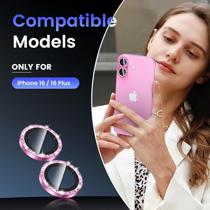 Tensea for iPhone 16/16 Plus Camera Lens Protector Bling, Camera Cover | 9H Tempered Glass Camera Screen Protector, Metal Individual Ring for iPhone16 6.1inch/ 16Plus 6.7inch, HD Clear, Easy Install - Image 2