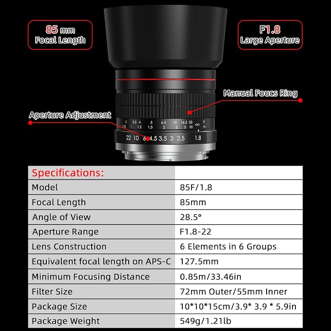 EF 85mm f1.8 Portrait Lens - MF for Canon EOS Rebel T8i/T7i/T7/T6i/T5/T3i/T3/T2i/XSi/XS/SL3/SL2/T100/90D/80D/70D/50D/5D Mark IV/6D II/7D II/1D X III II-Manual Focus DSLR Cameras Lenses(EF/EF-S Mount) - Image 5