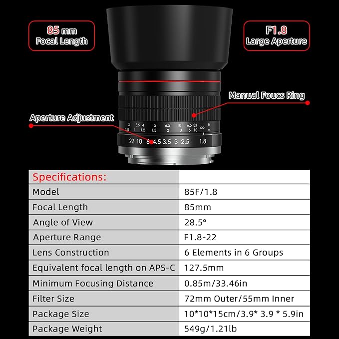 RF 85mm f1.8 Portrait Lens -MF for Canon EOS R6 Mark II/R5 Mark II/R5/R3/R7/R8/R10/RP/R6/R50/R1/R5 C/R50 V/R100/R/Ra - Manual Focus Medium Telephoto Mirrorless Cameras Lenses(RF Mount) - Image 5