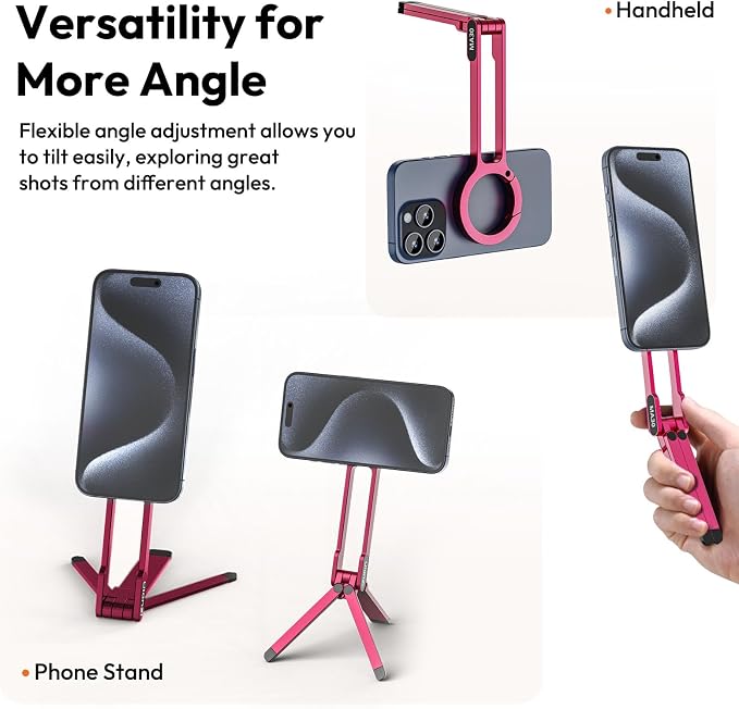 ULANZI MA30 Magnetic Phone Tripod Stand for iPhone - Aluminium Maglock Smartphone Mini Tripod Pocket Cell Phone Stand Strong Magnet Quick Mount Compatible with iPhone 17 16 15 14 13 12 Series, Red - Image 3