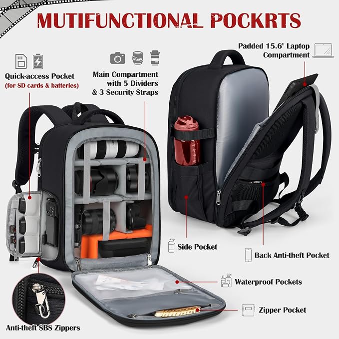 SDYSM Camera Backpack, Hardshell DSLR/SLR Camera Bag with Lens Pouch & 15.6" Laptop Compartment Waterproof Camera Case with Rain Cover Photography Backpack Compatible for Canon/Nikon/Sony/Drone Black - Image 2