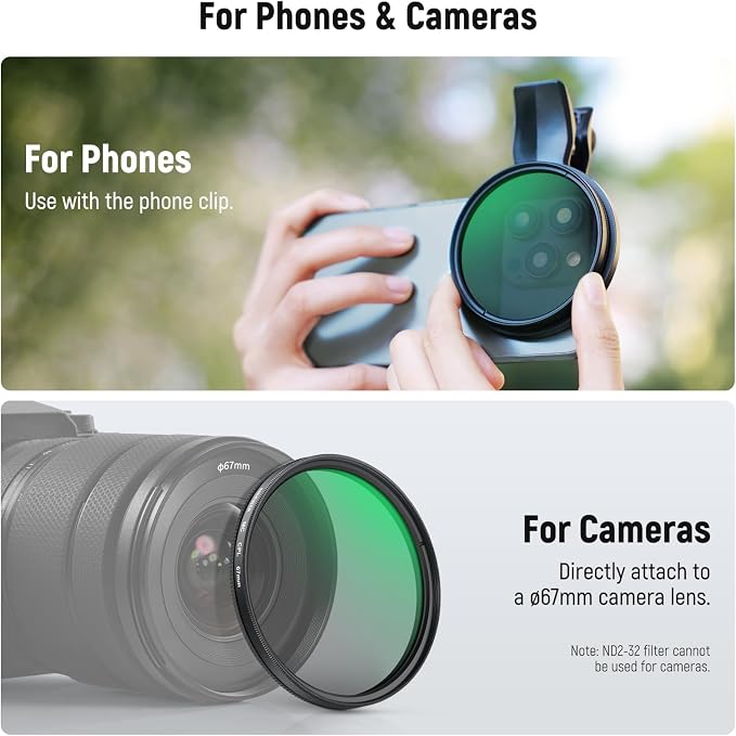 NEEWER 67mm Variable ND Filter Set Compatible with iPhone, 3 Pack Clip On CPL + ND2-32 + Black Diffusion 1/4 Filter for Mist Cinematic Effect Photography Accessories Kit, FL-B37 - Image 7