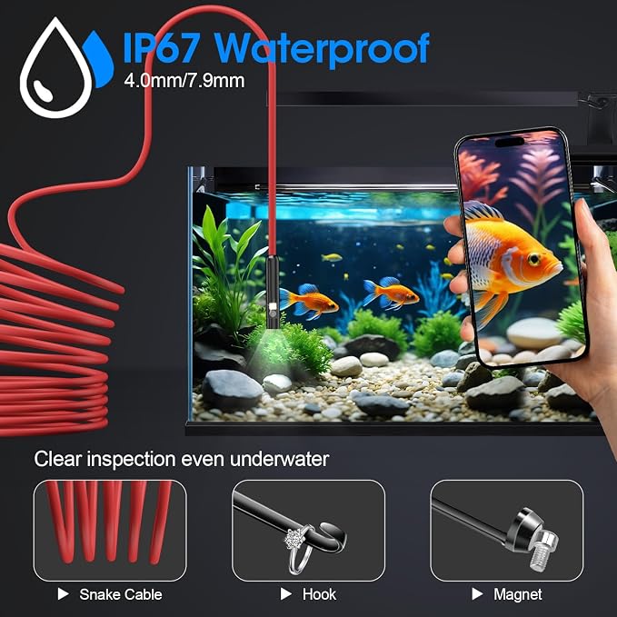 Endoscope with Light, 1920P HD Borescope with 8 Adjustable LED Lights, Semi-Rigid Snake Camera, IP67 Waterproof Inspection Tool (16.4ft, Red Harness + Dual Lens) - Image 4