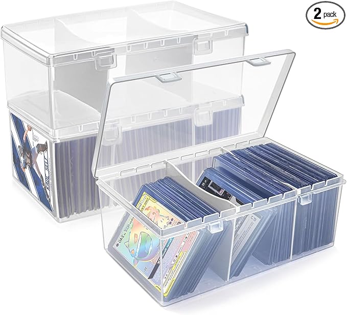 Trading Card Storage Box with 2 Dividers,Toploads Storage Box Plastic Baseball Card Storage Box for 500+ Sports Cards 100+ Top Loads for MTG Magic TCG Yugioh Playing Card Case Holder (2 Pack) by Unknown