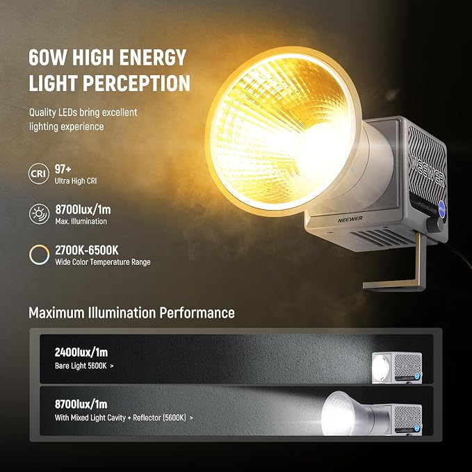 NEEWER HS60C Pro 60W Portable RGB LED Video Light, APP DMX/Panel Control/Custom Effects/Light Group 8700Lx/1m 2700-6500K CRI97+ COB Continuous Output Lighting for Video Recording Studio Photography - Image 3