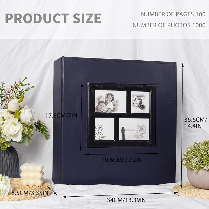 RECUTMS Photo Album 4x6 1000 Photos Leather Large Family Baby Albums Blue | Extra Large Capacity, Black Page, Horizontal and Vertical Pockets, Anniversary Wedding Memory Picture Book, DIY Cover Window - Image 2