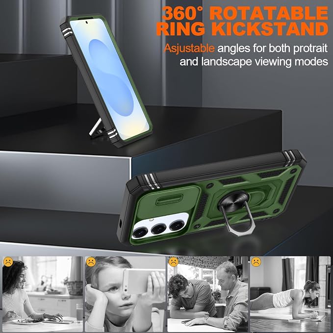 Gritup Fit for Samsung Galaxy S25 Case with Screen Protector*2, Build in 360° Rotating Ring Kickstand, Military Grade Protective Cover for S25 Phone, Green+Black - Image 8
