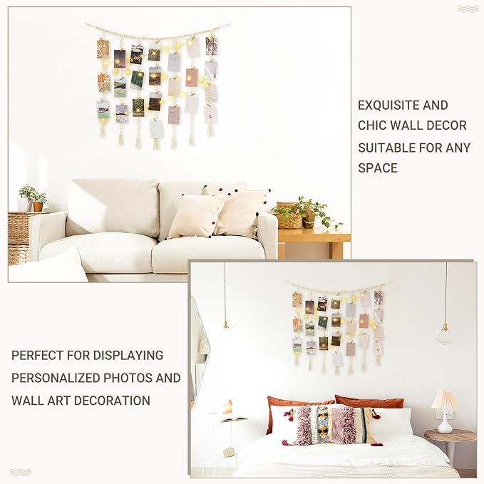 Mkono Hanging Photo Display, Boho Macrame Wall Decor with Lights, Ivory | 45 Clips, String Lights, Teen Girl Stuff Gifts, Wooden Beads Banner, Pictures Postcards Holder, Bedroom Living Room Dorm - Image 2