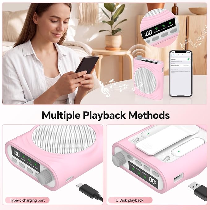 Voice Amplifier for Teachers, Portable Bluetooth Mini Personal Speaker with Wireless Lavalier Mic & Silicone Protective Cover, Ideal for Classroom, Conference and Tour Guide （Pink - Image 7