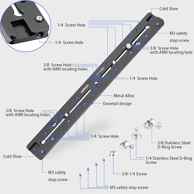 LEFTFOTO 350mm Double Dovetail Slide Rail with Arca Swiss Quick Release Plate,Locating Hole for ARRI,1/4" & 3/8" Threads,Cold Shoe - for DSLR Camera Tripod Ballhead - Image 4