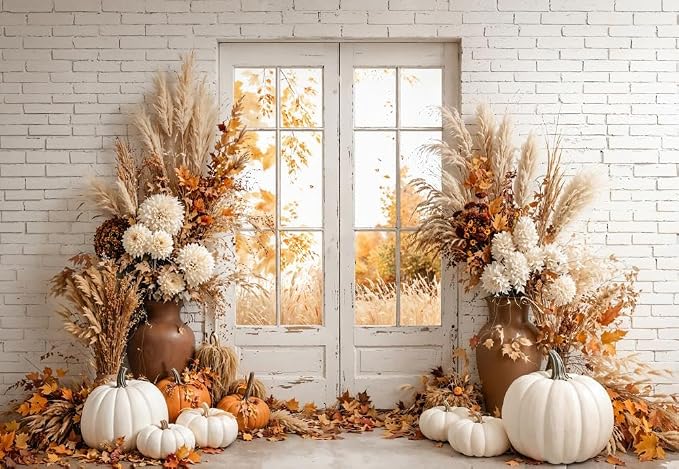Kate Fall Photography Backdrops Autumn Harvest Pumpkin White Brick Wall Boho Theme Photography Props, 7x5ft - Image 2