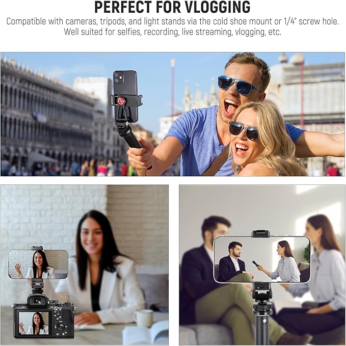 NEEWER Metal Phone Tripod Mount Adapter with Cold Shoe Base, PA001 | 360° Phone Holder, 2 Cold Shoe Mounts for Video Light/Mic, Vlogging, Universal Compatible with iPhone Samsung Huawei - Image 5