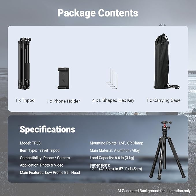 NEEWER Basics 57" Camera Tripod Monopod with Arca Type QR Plate Ball Head & Cell Phone Holder, Compact Portable Travel Stand for iPhone DSLR Camcorder Streaming Video Recording, 6.6lb/3kg Load, TP68 - Image 9