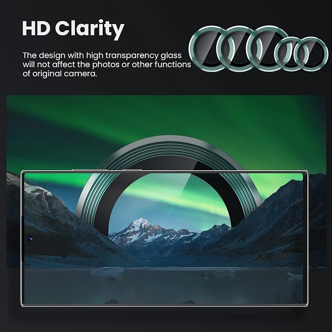 Tensea Compatible with Samsung Galaxy S22 Ultra Camera Lens Protector | 9H Tempered Glass Camera Cover Screen Protector Metal Individual Ring [Installation Tray][Case Friendly] - Image 5