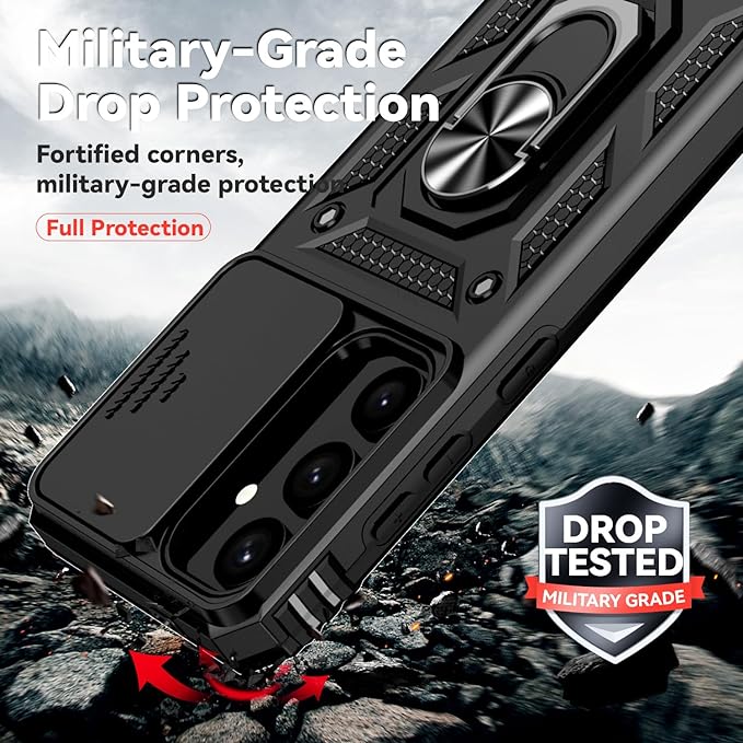 for Samsung Galaxy S24 Plus Case with Camera Lens Cover HD Screen Protector, Military-Grade Drop Tested Magnetic Ring Holder Kickstand Protective Phone Case for Samsung Galaxy S24 Plus (Black) - Image 5