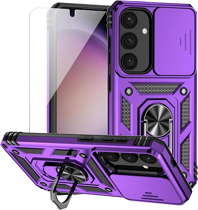 for Samsung Galaxy S24 Plus Case with Camera Lens Cover HD Screen Protector, Military-Grade Drop Tested Magnetic Ring Holder Kickstand Protective Phone Case for Samsung Galaxy S24 Plus (Purple) by M+MAIKEZI