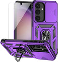 for Samsung Galaxy S24 Plus Case with Camera Lens Cover HD Screen Protector, Military-Grade Drop Tested Magnetic Ring Holder Kickstand Protective Phone Case for Samsung Galaxy S24 Plus (Purple) by M+MAIKEZI