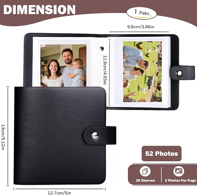 Ruibytree Small Photo Album for Polaroid 600, i-Type & SX-70 Film, Black | Compact Design, PU Leather Cover, Snap Closure, Acid-Free Pages, 52 Side-Loading Pockets Fits 3.5x4.25 Inch Instant Photos - Image 2