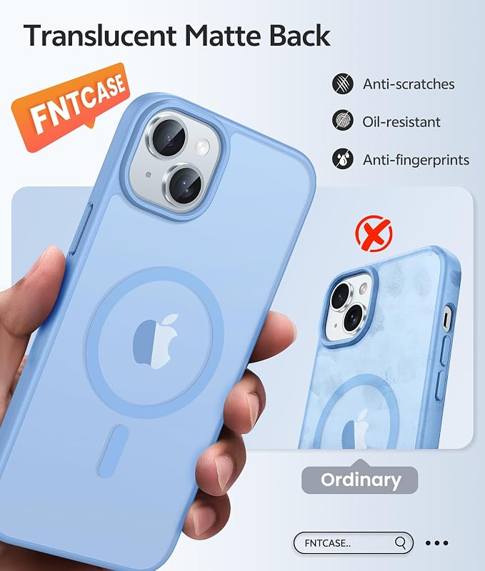 FNTCASE for iPhone 15/14/13 Case, Fit for Magsafe, Glass Screen Protector | Translucent Matte, Magnetic Phone Cases, 14FT Military Grade Drop Protection, Slim Shockproof Protective Cover, Light Blue - Image 6