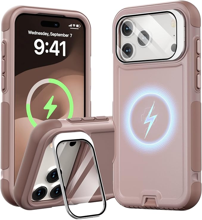 Follaroma Magnetic for iPhone 17 Pro Case with Camera Stand, Light Brown | Built-in Glass Camera Cover Stand,Compatible with MagSafe,Heavy Duty Shockproof Protective,Military-Grade Anti-DropDual Case by Follaroma