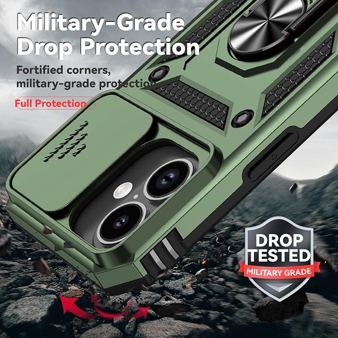 SunStory Phone Case for iPhone 17 Case with HD Screen Protector & Slide Camera Cover & Rotated Ring Kickstand, [Military-Grade] Phone Case for iPhone 17, Army Green - Image 6