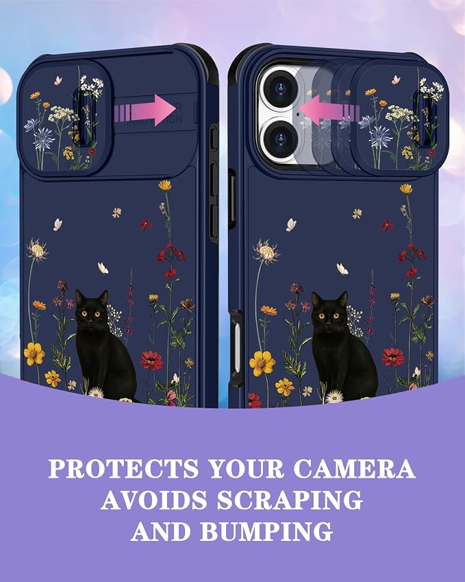 for iPhone 17 Case - Women Cute Phone Cover Girly Pretty Fancy Unique Aesthetic Design Slide Camera Cover Protective Case for Apple for iPhone 17, Black Cat - Image 3