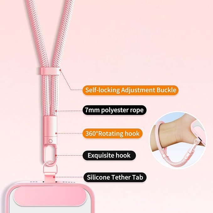Phone Lanyard Hand Wrist Strap Universal Adjustable Phone Finger Grip Wristlet with 3 Patches Tether Universal for iPhone 17 16 Pro Max 15 Charms for Keychain USB Flash Drive Wallet ID Name Tag Pink - Image 5