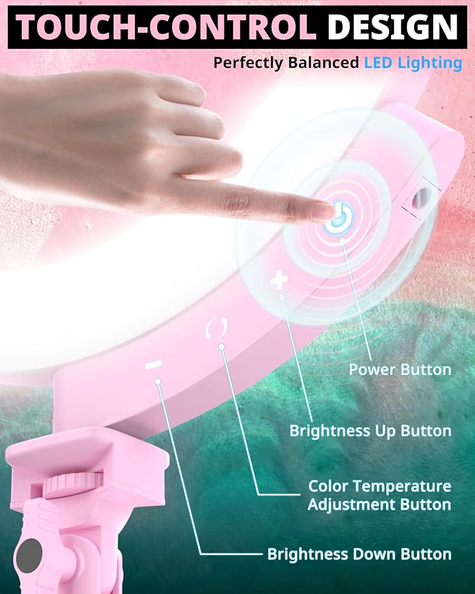 UBeesize 12'' LED Ring Light with 62'' Tripod Stand and Magnetic Phone Holder, Selfie Ring Light for Video Recording, Live Streaming, Compatible with iPhone & Android (Pink) - Image 5