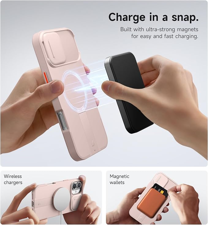 SURITCH for iPhone 16 Plus Case with Magnetic Camera Slide Cover and Adjustable Kickstand, Compatible with MagSafe, Shockproof Bumper Case Slim Protective Cover for iPhone 16 Plus 6.7 Inch, Pink - Image 3