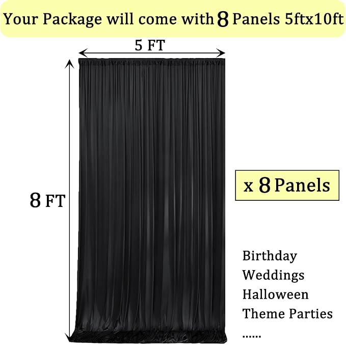 40ftx8ft Wrinkle Free Black Backdrop Curtains for Parties, 8 Panels 5x8ft Thick Polyester Photo Backdrop Drapes for Weddings Birthday Graduation Photography Background Curtains - Image 6
