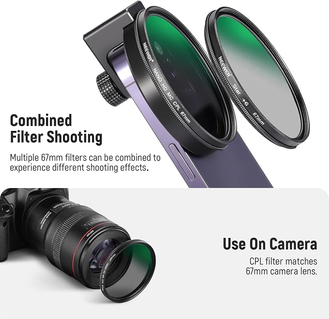 NEEWER 67mm CPL Filter for Phone, Circular Polarizing Camera Lens Filter with Cold Shoe Clip Compatible with iPhone 17 16 16e 15 Pro Max Plus 14 13 Android Samsung Galaxy S25 Ultra, FL-27 - Image 7
