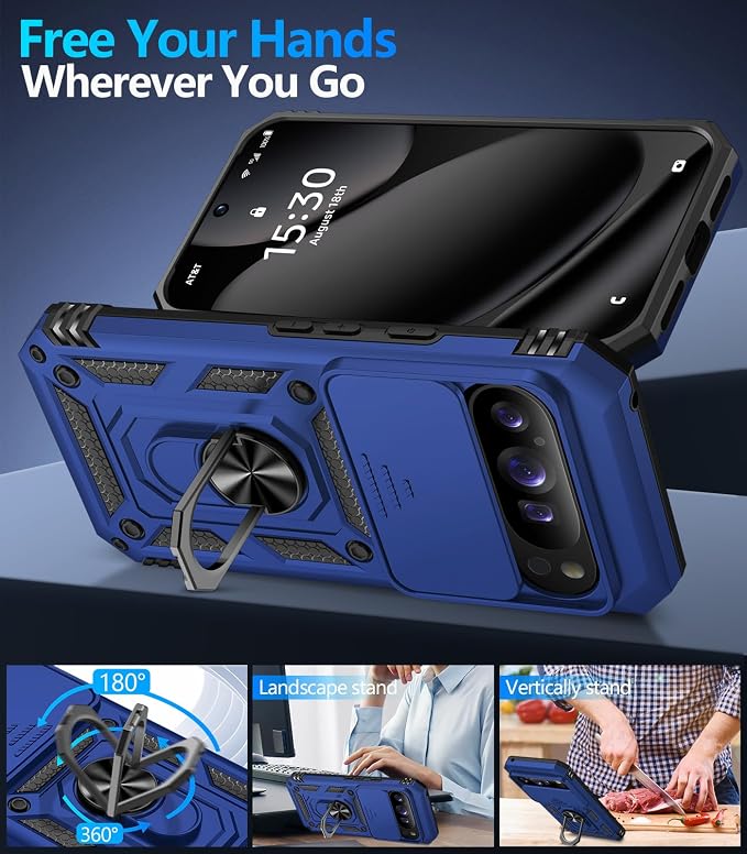 Taisairu for Google Pixel 10 Case/Pixel 10 Pro Case with Screen Protector & Slide Camera Lens Cover,Built-in Ring Stand Protective Phone Case for Pixel 10 Case/Google Pixel 10 Pro Case (Blue) - Image 3
