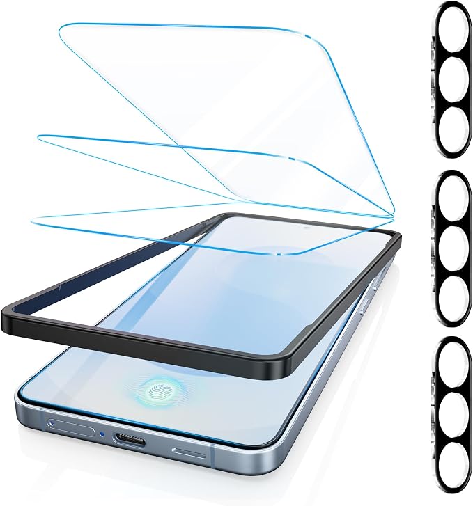 Fotbor [3+3 Pack Anti Blue Light Screen Protector for Samsung Galaxy S25 with 3 Pack Camera Lens Protector, [Alignment Frame] 9H Hardness, Easy Install, Ultrasonic Fingerprint Compatible by Fotbor